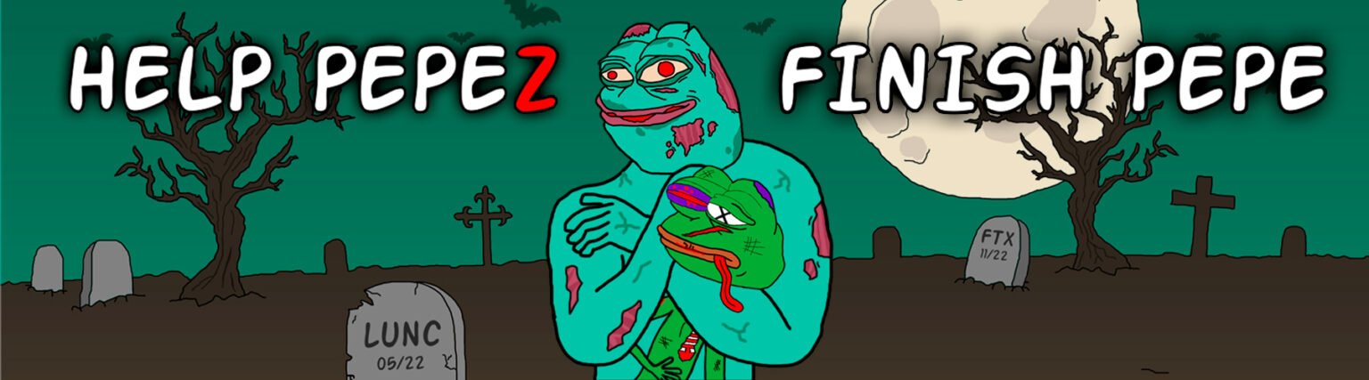 'Help PEPEZ finish PEPE' — original graveyard banner recovered from the archived site, with LUNC and FTX tombstones